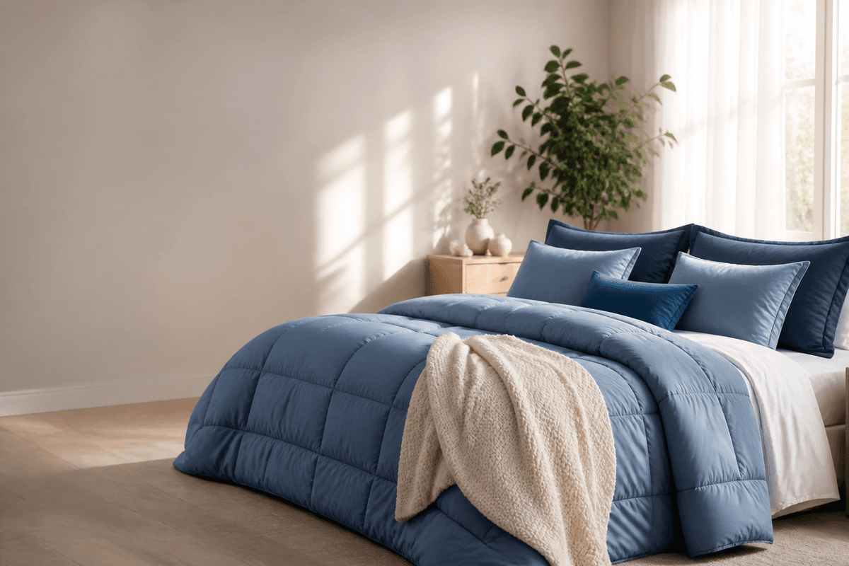 Premium blue bedding on a cozy bed — HakunaLife comfort