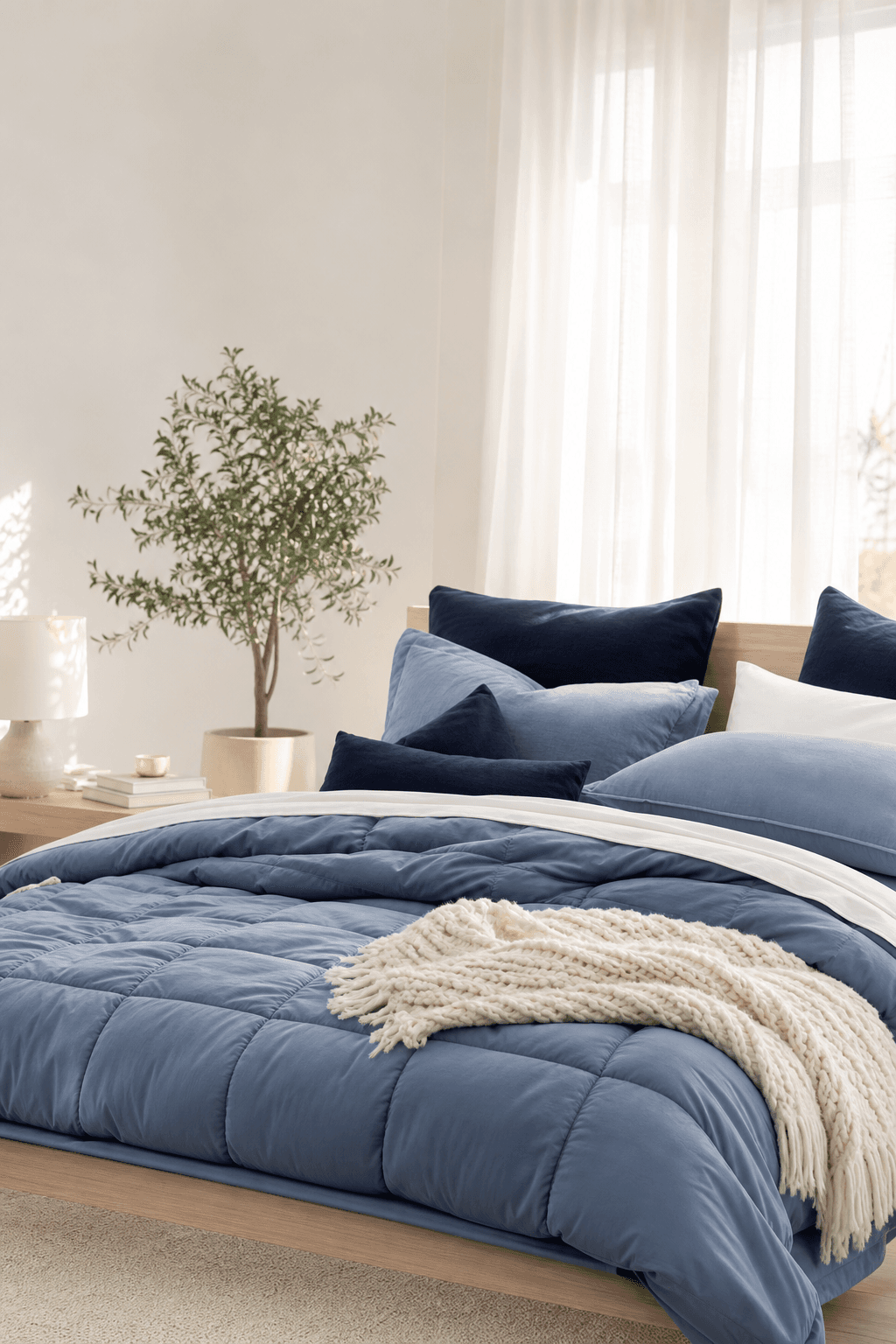 Premium blue bedding on a cozy bed — HakunaLife comfort