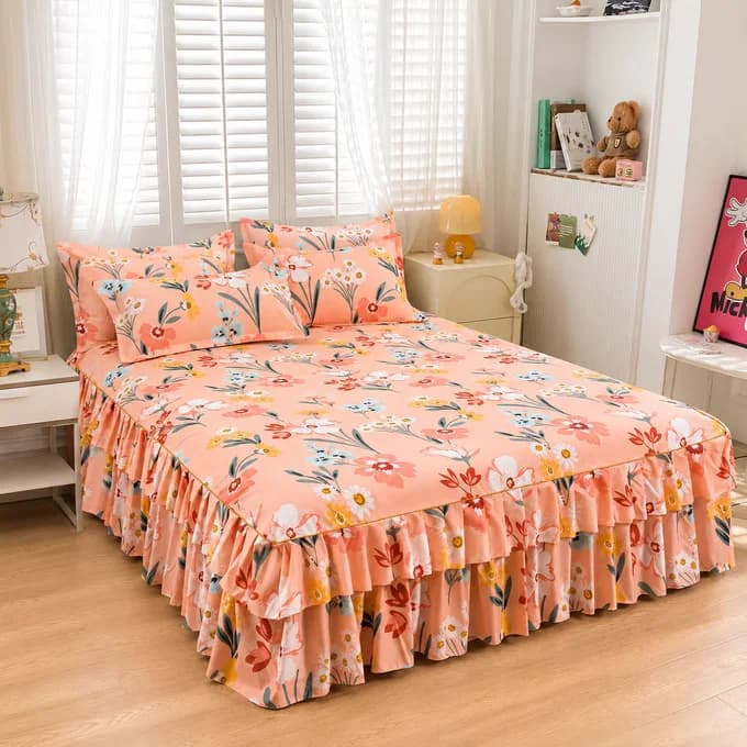 Blush Floral Ruffled Bedspread Set with 2 Pillowcases