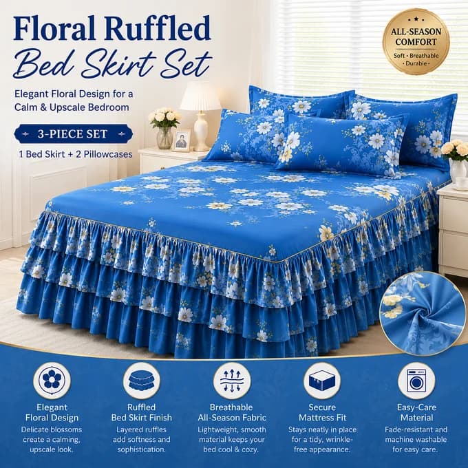 Floral Double-Layer Bed Skirt Sheet Set