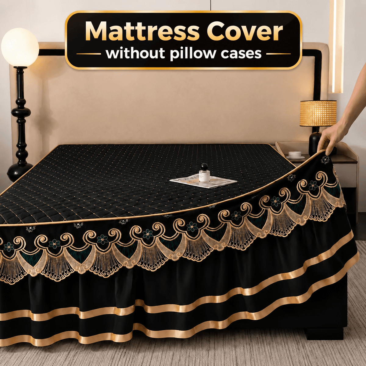 Royal Noir Embroidered Bed Skirt Mattress Cover Set